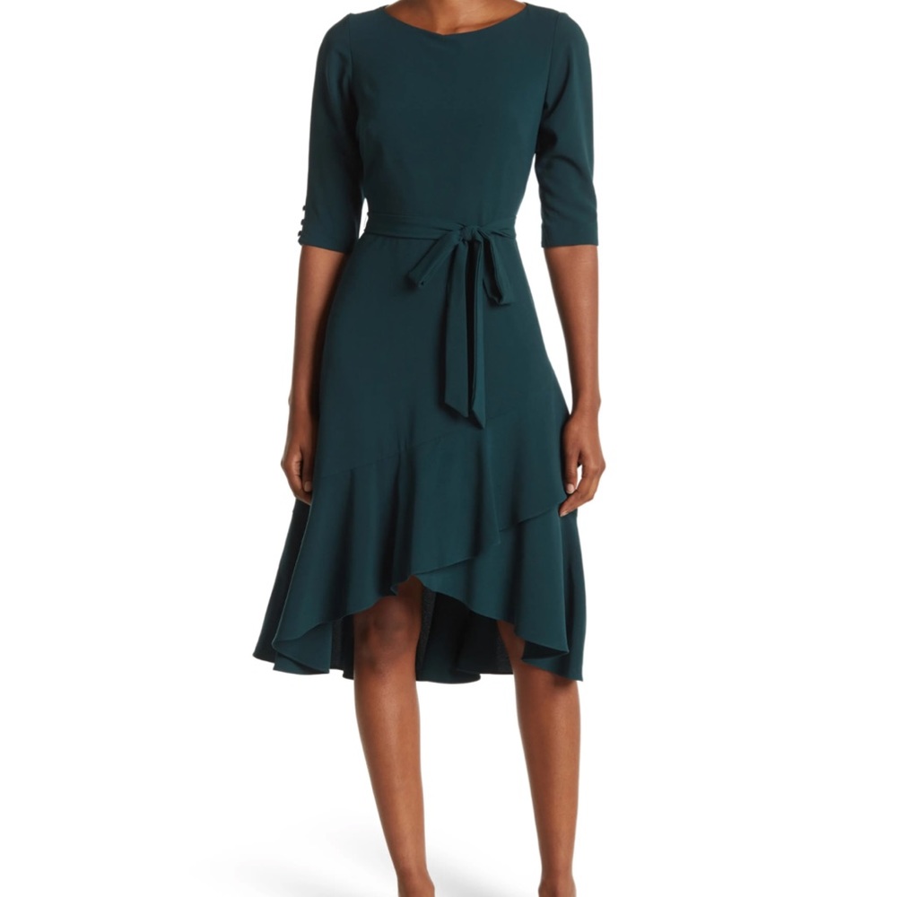 Nwt $178 Gabby Skye Elbow 3/4 Sleeve Belted Crepe Ruffle Dress Hunter Green 16